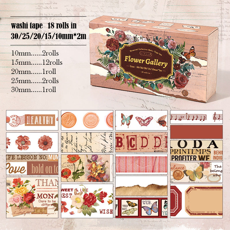 Washi Tape Set - Bloemengalerij - Bloemen Planten Vintage Washi Tape - 18 Rollen