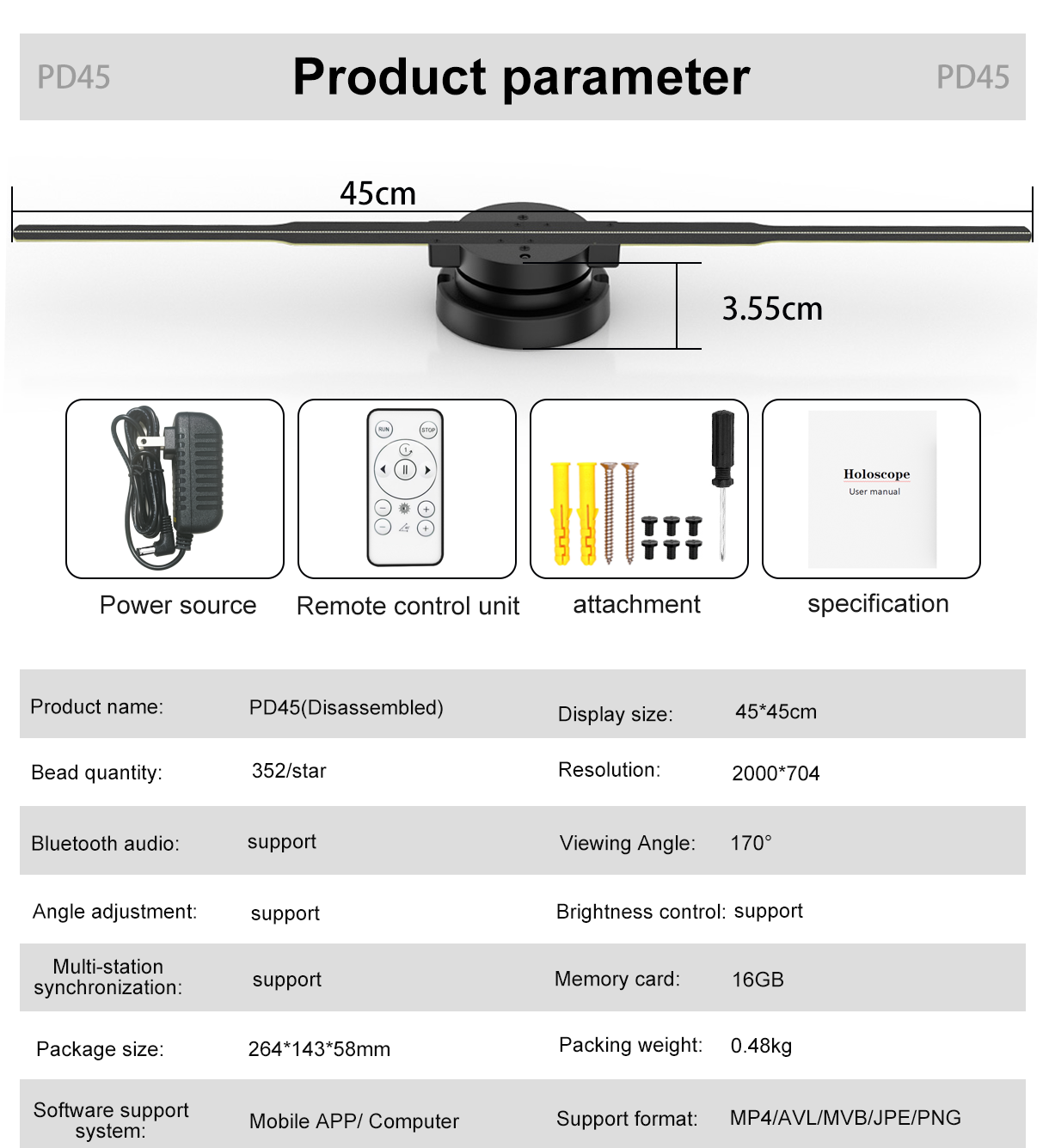 LED-verlichting Slimme 3D-hologramventilator - Projector - 45 cm - 2000 * 704