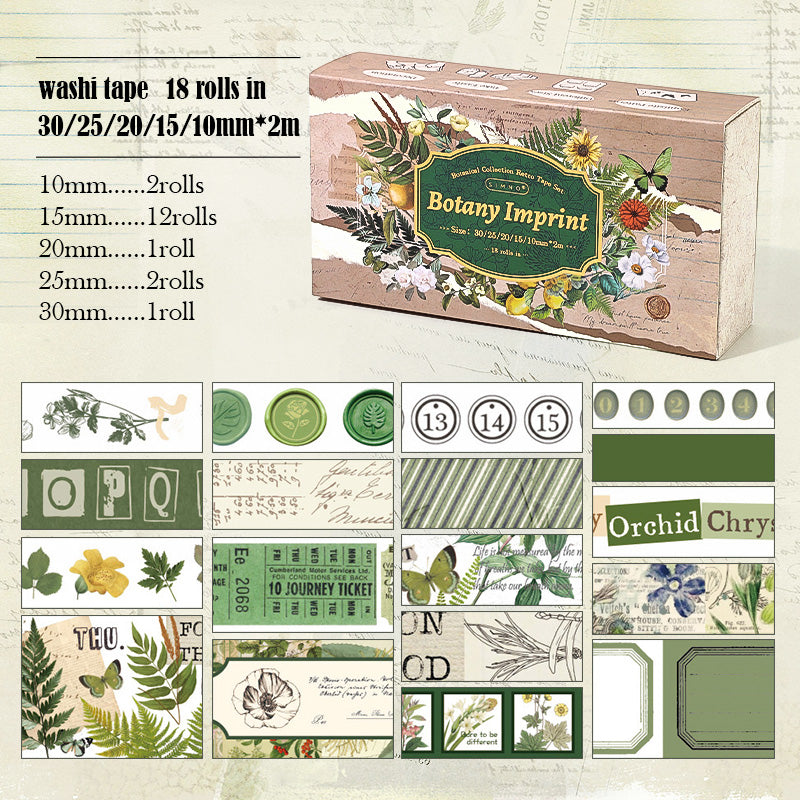 Washi Tape Set-Botany Imprint - Flower Plants Vintage Washi Tape – 18 Rolls