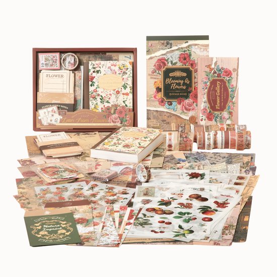 SIMNO® Luxe Set - Journaling Cadeauset met A6 Bullet Journal, 18 Washi Tapes, Stickers en Decoratiepapier - 263-delig - Bloemenpracht