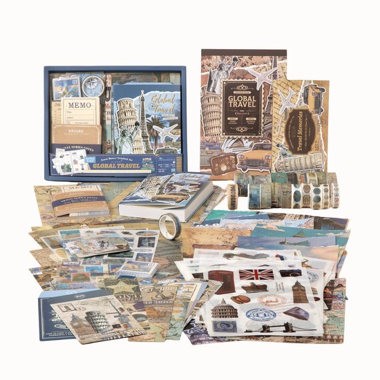 SIMNO® Luxe Set - Journaling Cadeauset met A6 Bullet Journal, 18 Washi Tapes, Stickers en Decoratiepapier - 263-delig - Wereldreis
