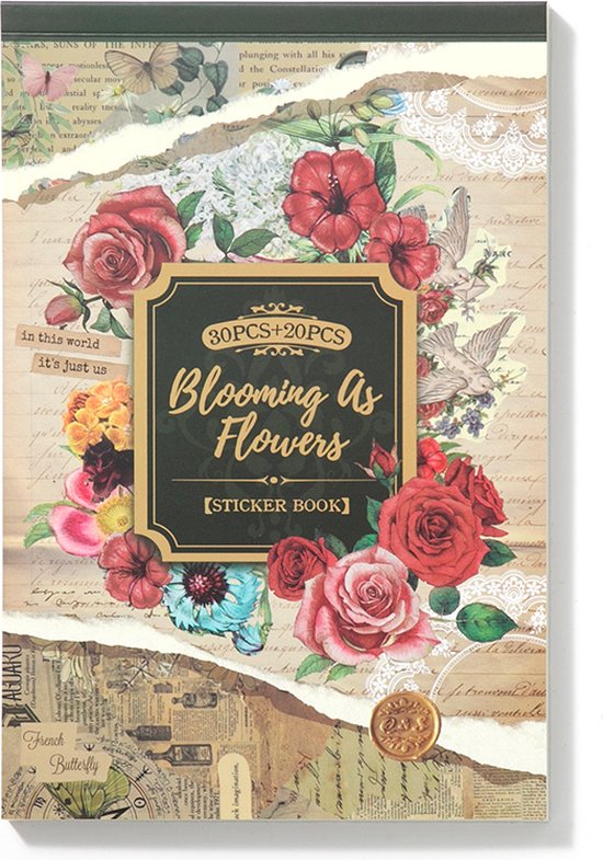 SIMNO® Sticker- en papierset - 50 vellen - Set met vellum stickers, hobbypapier en decoratiepapier voor bullet journal en scrapbook - Blooming as Flowers