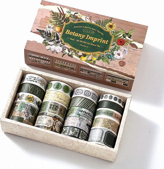 SIMNO® Washi tape set - 18 rollen - Decoratieve tape voor bullet journal, planner, cadeauverpakking en papierdecoratie - Botany Imprint