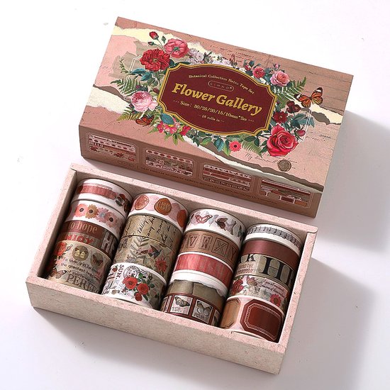 SIMNO® Washi tape set - 18 rollen - Decoratieve tape voor bullet journal, planner, cadeauverpakking en papierdecoratie - Flower Gallery