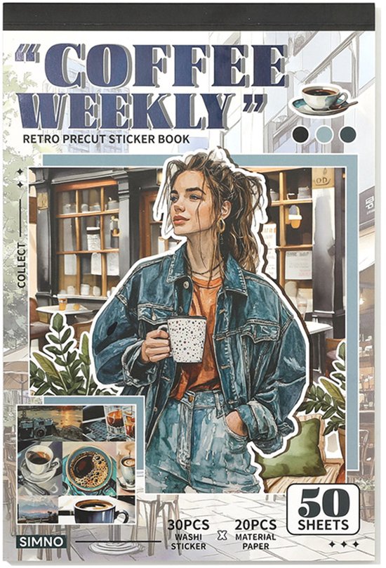 SIMNO® Vintage stickerboek - 50 vellen - Stickerset voor bullet journal, planner, scrapbook en papierdecoratie - Koffieweek