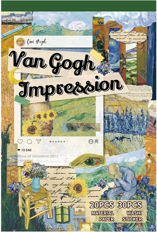 SIMNO® Vintage stickerboek - 50 vellen - Stickerset voor bullet journal, planner, scrapbook en papierdecoratie - Van Gogh-impressie
