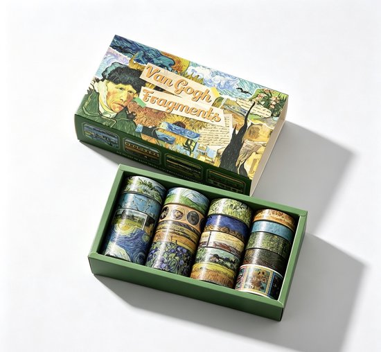 SIMNO® Washi tape set - 18 rollen - Decoratieve tape voor bullet journal, planner, cadeauverpakking en papierdecoratie - Van Gogh-fragmenten