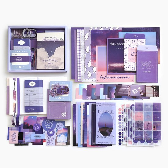 SIMNO® A6 Bullet Journal Set - 12 Soorten & 195-delig - Scrapbook Set met Stickers, Washi Tape en Decoratiepapier - Paars