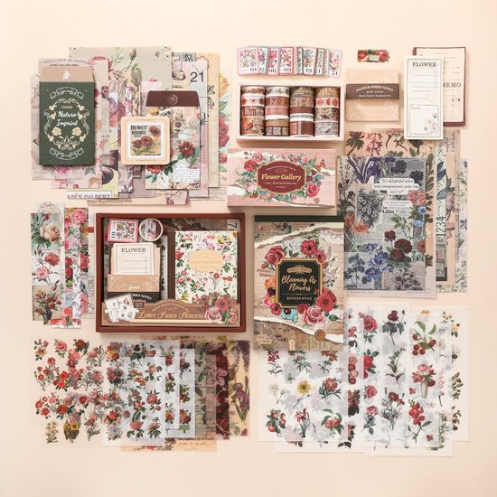 SIMNO® Bloemenpracht cadeauset: journalset, washi tape en sticker- en papiervellen uitgespreid